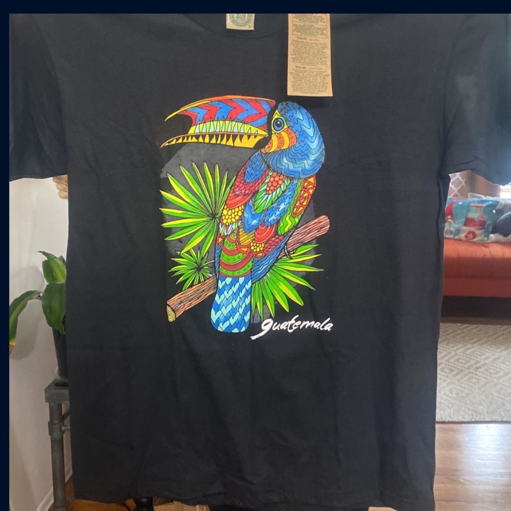 Black and Red Short Sleeve Tee with Tropical Graphic